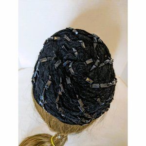 Vintage Black Velvet Pillbox Hat "Miss Sally Victors New York" 1950s Beaded Nice